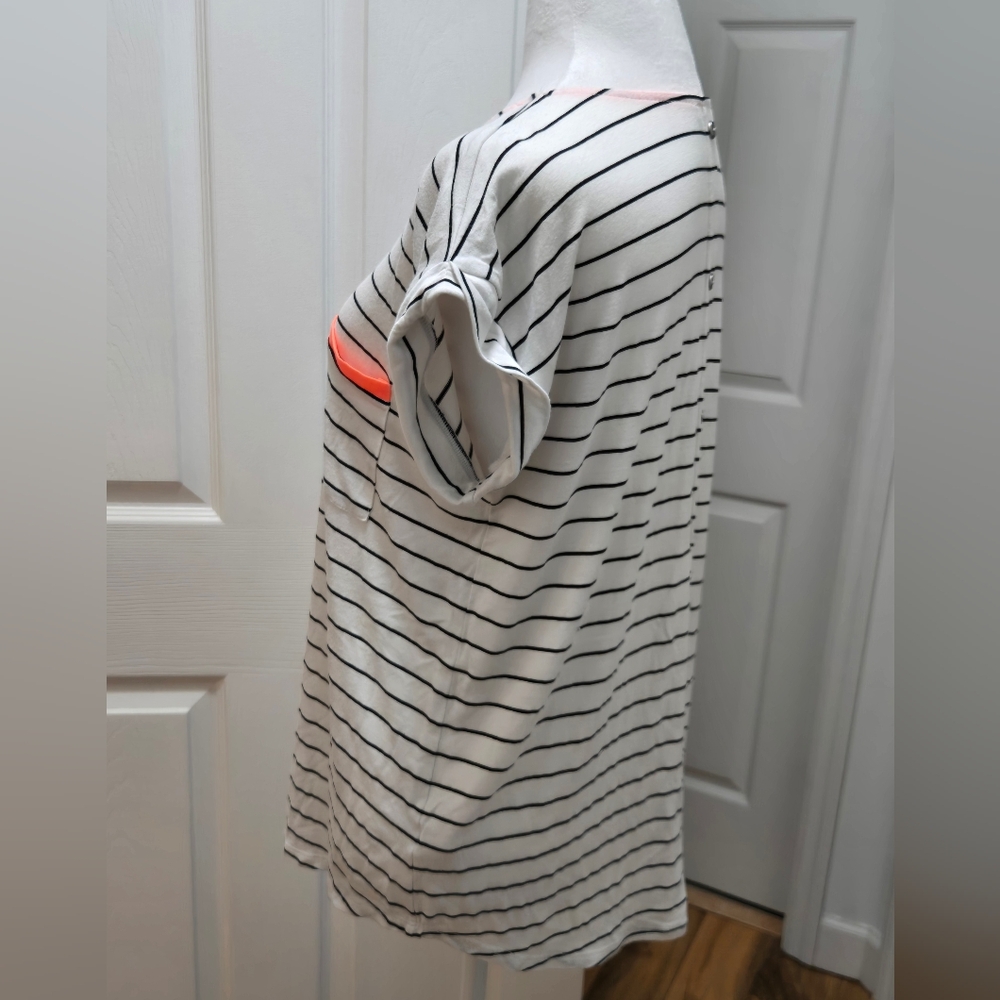 Striped White and Black Top with Neon Orange Accents Size L Papermoon - Picture 7 of 13